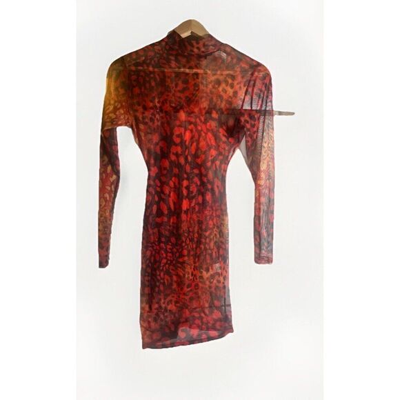 Pretty Little Thing Red Leopard Dress Sheer Long Sleeve Size 6 Halloween.   Ii - Picture 2 of 7